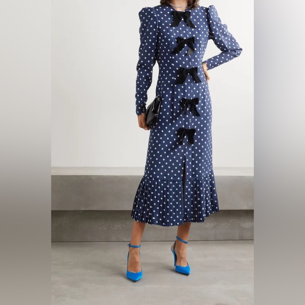 ALESSANDRA RICH Bow-embellished Polka-dot Silk Crepe De Chine Midi Dress